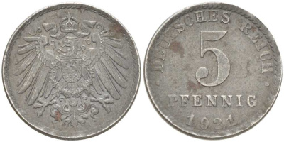 Германия 5 пфеннигов 1921 A KM 19, J. 297, Weege 5 железо 206-733