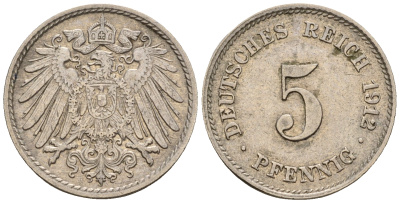 Германия 5 пфеннигов 1912 J, KM 11, J. 12 медно-никель 220-635