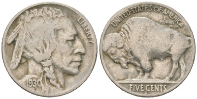 США 5 центов 1930 S, индеец, бизон KM 134 медно-никель 4614-1143