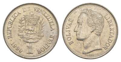 Венесуэла 1 боливар 1990 Симон Боливар, толстый шрифт Y 52a.2 сталь плакированная никелем 4591-431