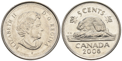 Канада 5 центов 2006 Елизавета II (1952-2022), бобер KM 491 сталь плакированная никелем 4609-447