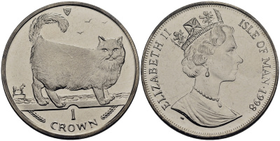 Остров Мэн 1 крона 1998 бирманская кошка КМ 857 медно-никель UNC 4125-411