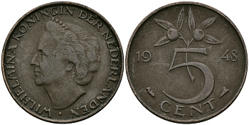 НИДЕРЛАНДЫ 5 ЦЕНТОВ 1948 ВИЛЬГЕЛЬМИНА KM 176 бронза 95-225