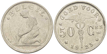 БЕЛЬГИЯ 50 САНТИМОВ 1923 BELGIE, АЛЬБЕРТ I (1909-1934) KM 88 никель 206-112
