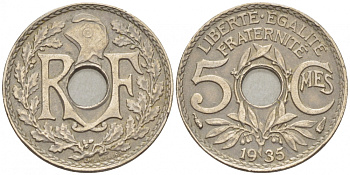 ФРАНЦИЯ 5 САНТИМОВ 1935 ТИП ЛИНДАЙЁ KM 875 медно-никель 3309-1023
