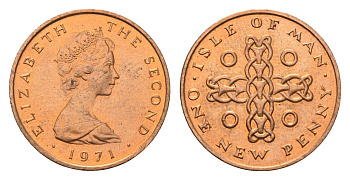 Остров Мэн 1 новый пенни 1971 Елизавета II (1952-2022) KM 20 бронза UNC 4655-521