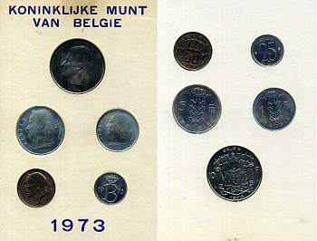 Бельгия набор из 5 монет (25 и 50 сантимов; 1, 5 и 10 франков) 1973 Belgie, в оригинальном буклете мондвора KM SS7 (135.1, 143.1, 149.1, 154.1 и 156.1) UNC 8-2-05-82