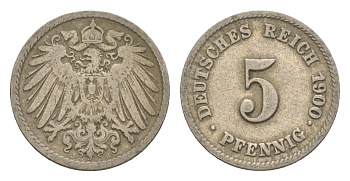Германия 5 пфеннигов 1900 J, Вильгельм II (1888-1918) KM 11, J. 12 медно-никель 4640-115