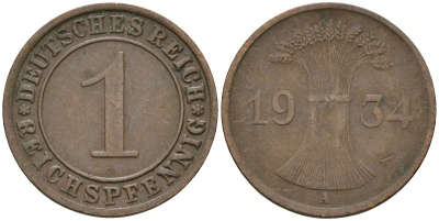 Германия 1 рейхспфенниг 1934 A KM 37, J. 313 бронза 4189-1226