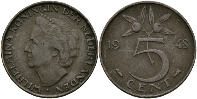 НИДЕРЛАНДЫ 5 ЦЕНТОВ 1948 ВИЛЬГЕЛЬМИНА KM 176 бронза 95-225