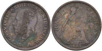 Великобритания 1/2 пенни 1929 Георг V (1910 - 1936) KM 837, Spink 4058 бронза 4153-811