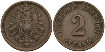 Германия 2 пфеннига 1877 A KM 2, J. 2 медь 4189-825