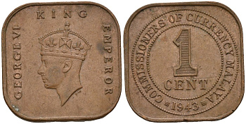 Британская Малайя 1 цент 1943 Георг VI (1937-1952) KM 6 бронза 4153-634