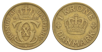 Дания 1 крона 1926 HCN, Кристиан X (1912-1947) KM 824 алюминиевая бронза 4657-336