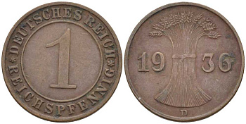 ГЕРМАНИЯ 1 РЕЙХСПФЕННИГ 1936 D KM 37, J. 313, Weege 2 бронза 211-131