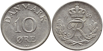 ДАНИЯ 10 ЭРЕ 1958 C; S, ФРЕДЕРИК IX (1947-1972) КМ 841.2 медно-никель 4398-925