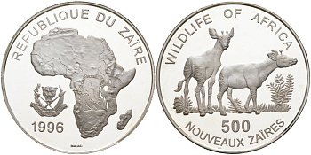 Заир 500 новых заиров 1996 серия защита окружающей среды, окапи, тираж 10000 экз. KM 22 серебро PROOF 1095-7-22