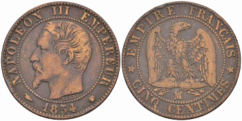 ФРАНЦИЯ 5 САНТИМОВ 1854 MA, НАПОЛЕОН III (1852-1870) KM 777.6, LE FRANC 116.14 бронза 108-253