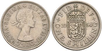Великобритания 1 шиллинг 1954 Елизавета II (1952-2022), Шотландский герб KM 905, Spink 4148 медно-никель    4595-923
