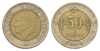 Турция 50 курушей 2011 Кемаль Ататюрк KM 1243 биметалл 4390-721
