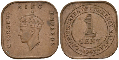 Британская Малайя 1 цент 1943 Георг VI (1937-1952) KM 6 бронза 4153-634