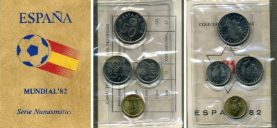 Испания официальный набор из 4 монет (1, 5, 25 и 50 песет) 1980 (1981) чемпионат мира по футболу в Испании 1982 года KM MS11a (816, 817, 818 и 819) UNC 4-5-4-06