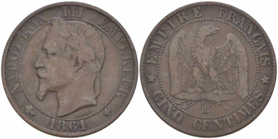 ФРАНЦИЯ 5 САНТИМОВ 1861 BB, НАПОЛЕОН III (1852-1870) KM 797.2, LE FRANC 117.3 бронза 108-457