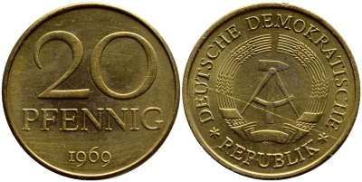 ГДР 20 пфеннигов 1969 А, первый год KM 11 латунь UNC 4398-1047