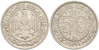 Германия 50 рейхспфеннигов 1928 D KM 49, J.324 никель 73-1536