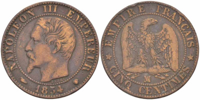 ФРАНЦИЯ 5 САНТИМОВ 1854 MA, НАПОЛЕОН III (1852-1870) KM 777.6, LE FRANC 116.14 бронза 108-253