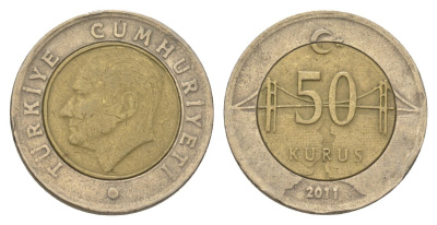 Турция 50 курушей 2011 Кемаль Ататюрк KM 1243 биметалл 4390-721