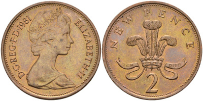 Великобритания 2 пенса 1981 Елизавета II (1952-2022) KM 916, Spink 4235 (C1) бронза 4593-835