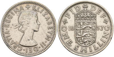 Великобритания 1 шиллинг 1957 Елизавета II (1952-2022), Английский герб KM 904, Spink 4147 медно-никель    4153-341