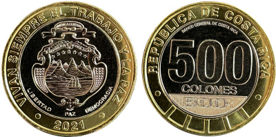 Коста-Рика 500 колонов 2021 200 лет независимости, герб KM NEW биметалл  UNC  M74-06