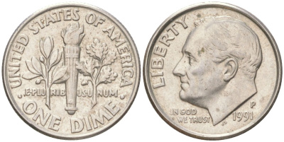 США 10 центов (дайм) 1991 P, Рузвельт KM 195a медь плакированная медно-никелем 4613-825