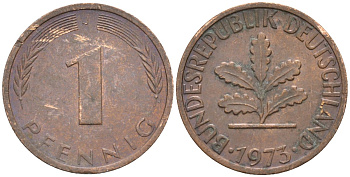 ФРГ 1 пфенниг 1973 J KM 105, J.380 сталь плакированная медью 4174-622