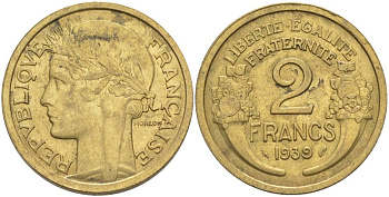 ФРАНЦИЯ 2 ФРАНКА 1939 ТИП MORLON KM 886, LE FRANC 268.12 алюминиевая бронза 3855-132