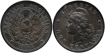 Аргентина 2 сентаво 1894 голова свободы влево KM 8 бронза 4531-1214