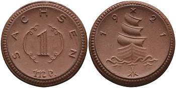 Саксония 1 марка 1921 парусник J. N 55 фарфор 1094-3-64