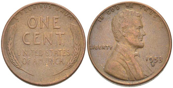 США 1 ЦЕНТ 1953 D, ЛИНКОЛЬН KM А132 медь цинк 218-253