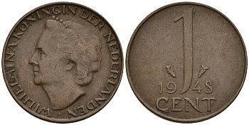 Нидерланды 1 цент 1948 Вильгельмина (1890-1948), год тип KM 175 бронза  4598-138