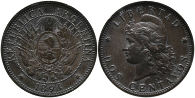 Аргентина 2 сентаво 1894 голова свободы влево KM 8 бронза 4531-1214
