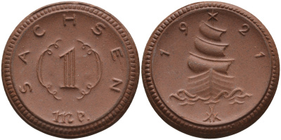 Саксония 1 марка 1921 парусник J. N 55 фарфор 1094-3-64