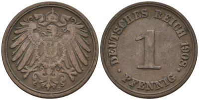 Германия 1 пфенниг 1908 D KM 10, J. 10 медь 4567-1269