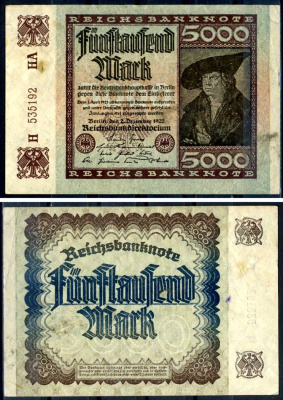 Германия 5000 марок 1922 2 декабря 1922, водяной знак I, серия HA, буква H Pick 81 c бумага 8589-38-1-2