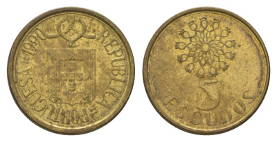 Португалия 5 эскудо 1990 KM 632 никель латунь 4625-1049