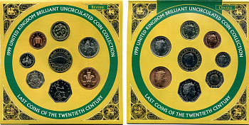 Великобритания годовой набор из 8 монет 1999 чемпионат мира по регби, оригинальный набор в картонном буклете BUNC 5-4-4-22