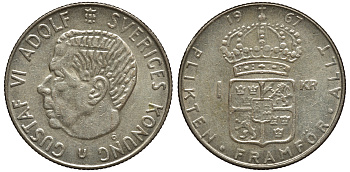 Швеция 1 крона 1967 U, Густав VI Адольф (1950-1973) KM 826 серебро 4178-514