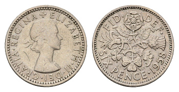 Великобритания 6 пенсов 1958 Елизавета II (1952-2022) KM 903, Spink 4149 медно-никель 4627-1063