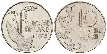 Финляндия 10 пенни 1994 M KM 65 медно-никель aUNC 99-1262
